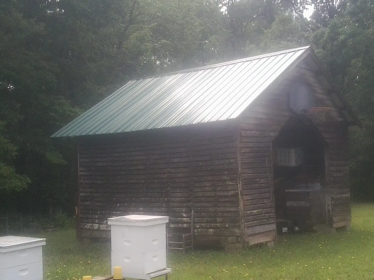 Green metal roof on a weathered barn beside stacked beehives in Larwill